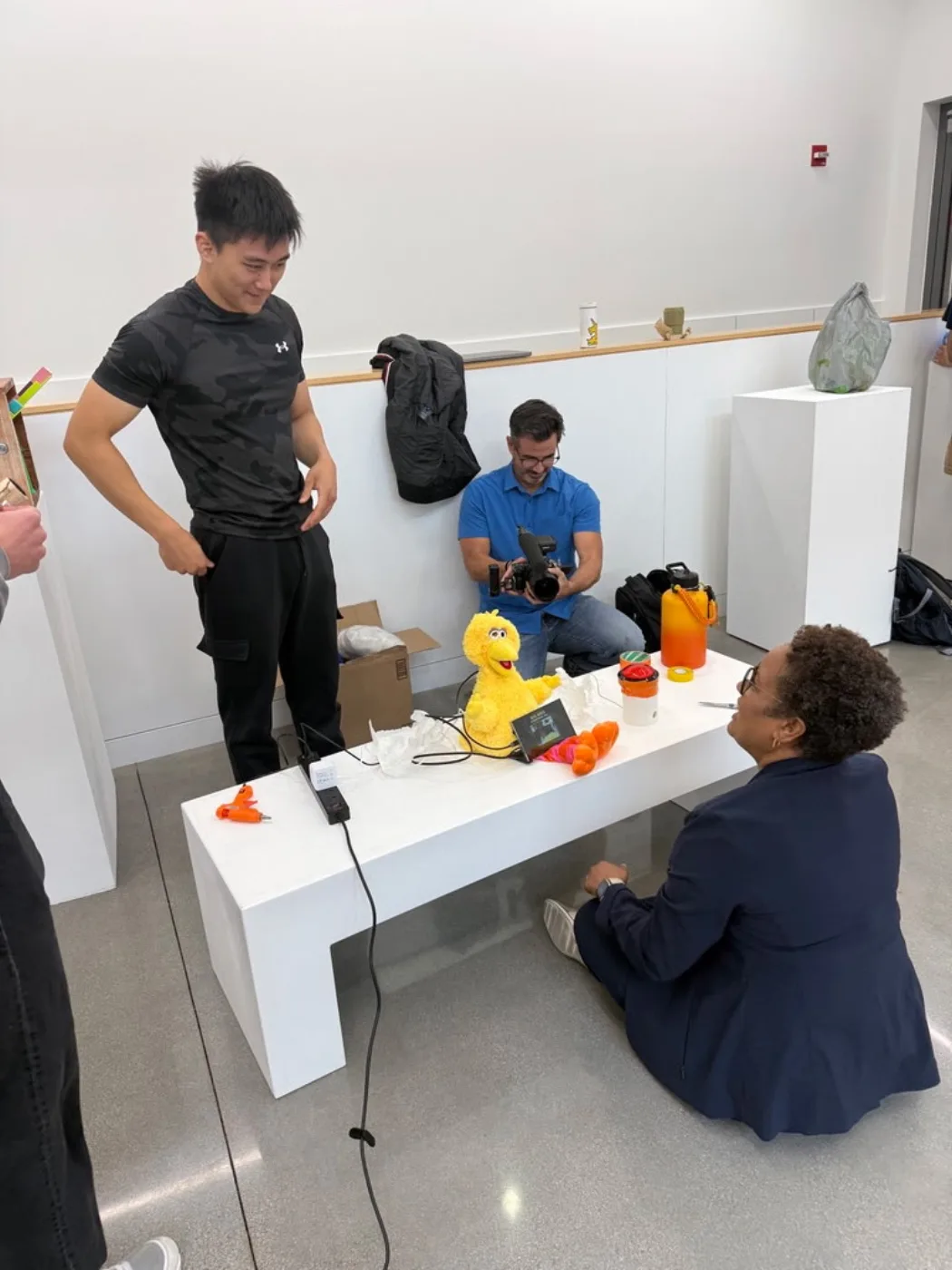A visitor interacting with the Big Bird installation at the Game of Democracy exhibition