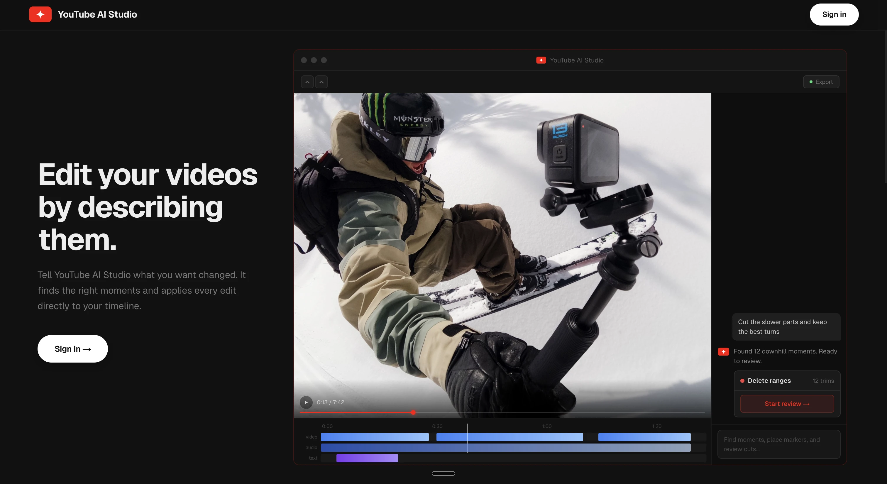 YouTube AI Studio landing page: edit your videos by describing them